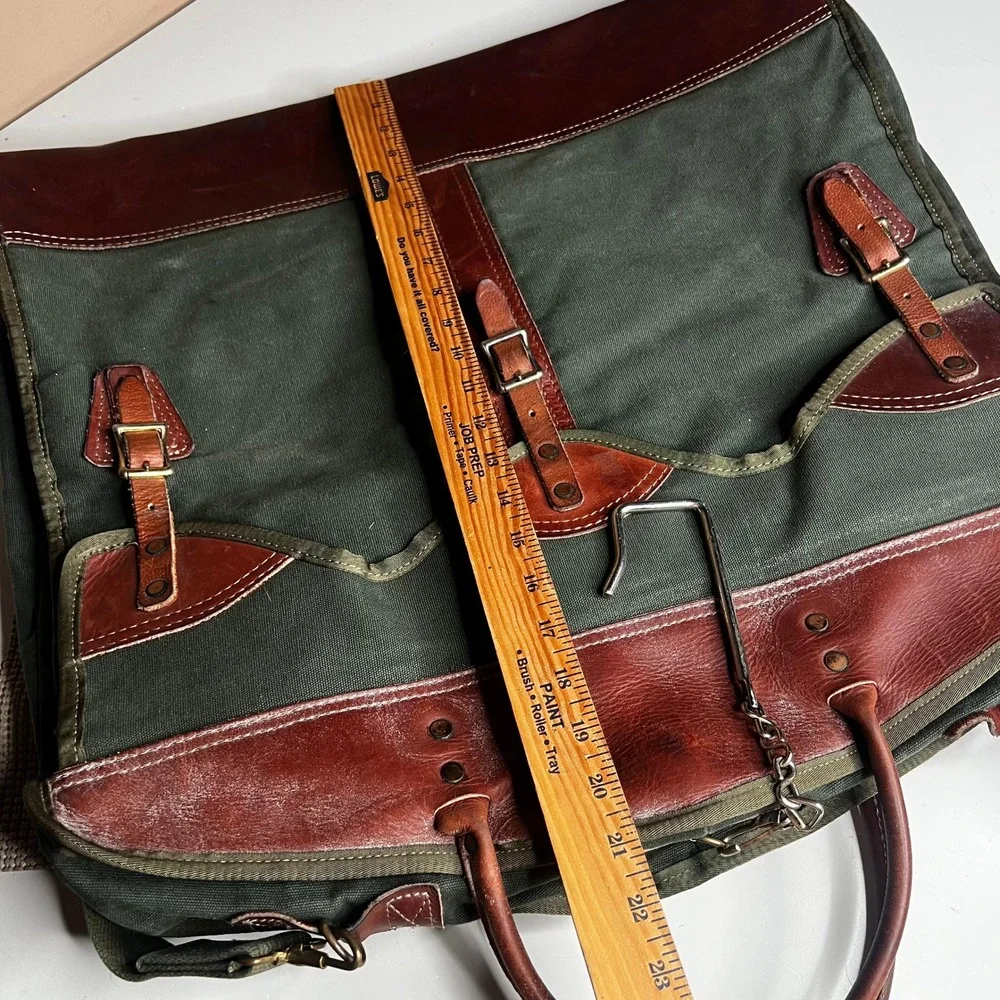 Orvis Garment Bag Vintage Canvas Leather Trim Olive Green Brown Travel Suit Bag